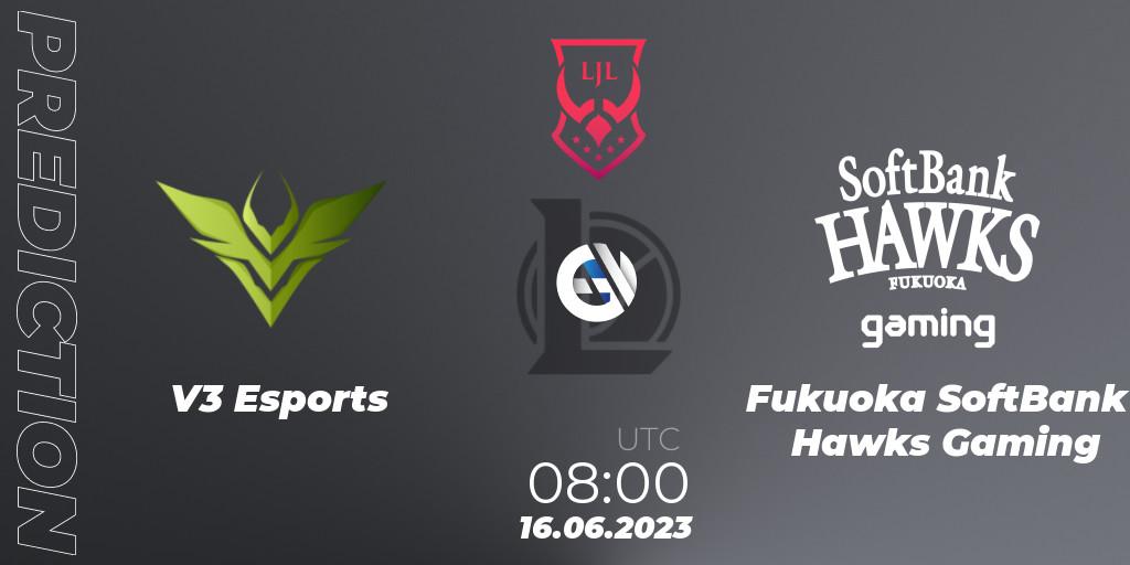 V3 Esports vs Fukuoka SoftBank Hawks Gaming: Match Prediction. 16.06.2023 at 08:00, LoL, LJL Summer 2023