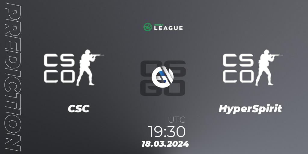CSC vs HyperSpirit: Match Prediction. 18.03.2024 at 19:30, Counter-Strike (CS2), ESEA Season 48: Main Division - Europe