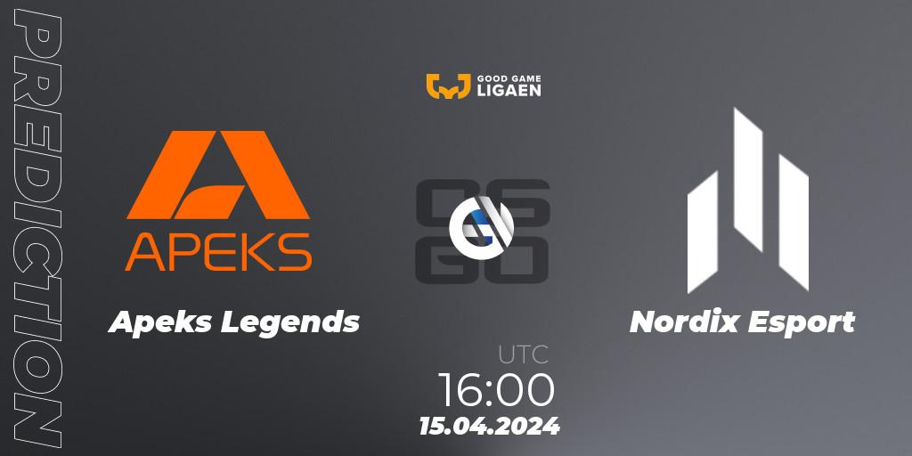 Apeks Legends vs Nordix Esport: Match Prediction. 15.04.2024 at 16:00, Counter-Strike (CS2), Good Game-ligaen Spring 2024