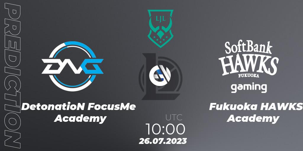 DetonatioN FocusMe Academy vs Fukuoka HAWKS Academy: Match Prediction. 26.07.2023 at 11:00, LoL, LJL Academy 2023 - Group Stage