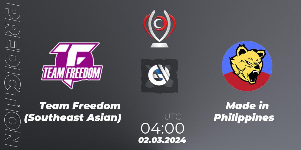 Team Freedom (Southeast Asian) vs Made in Philippines: Match Prediction. 02.03.2024 at 04:05, Dota 2, Opus League
