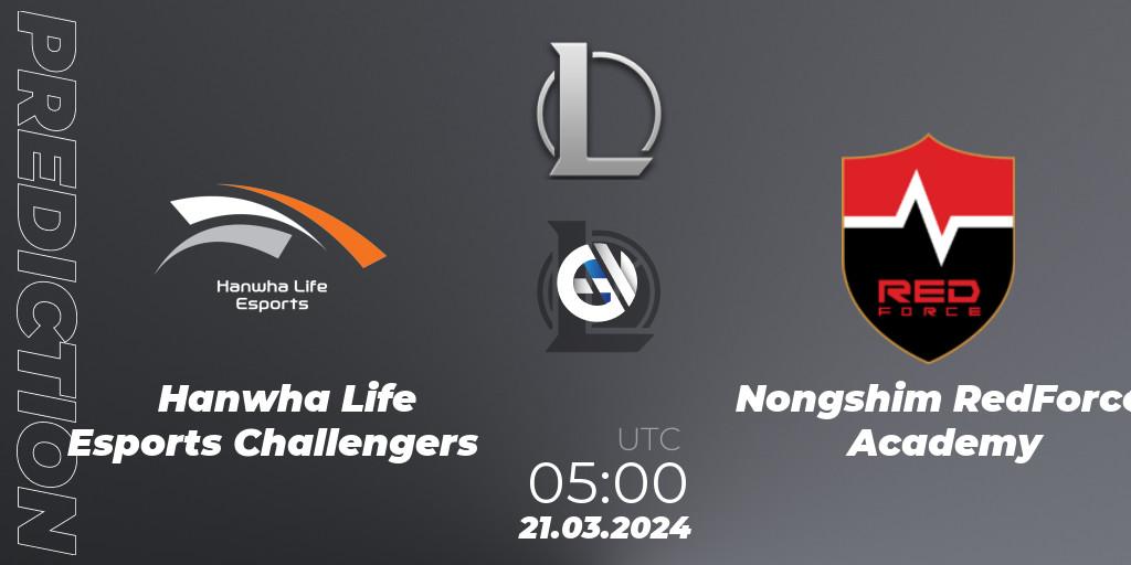 Hanwha Life Esports Challengers vs Nongshim RedForce Academy: Match Prediction. 21.03.2024 at 05:00, LoL, LCK Challengers League 2024 Spring - Group Stage