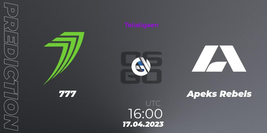 777 vs Apeks Rebels: Match Prediction. 17.04.23, CS2 (CS:GO), Telialigaen Spring 2023: Group stage