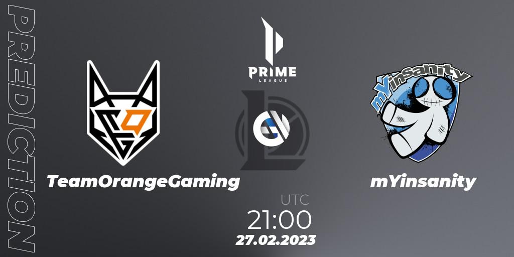 TeamOrangeGaming vs mYinsanity: Match Prediction. 27.02.23, LoL, Prime League 2nd Division Spring 2023 - Group Stage