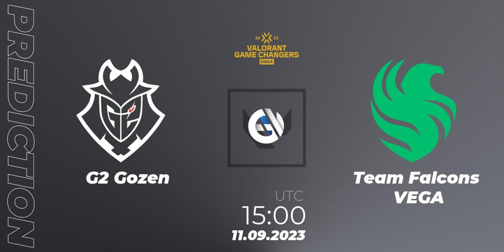 G2 Gozen vs Team Falcons VEGA: Match Prediction. 11.09.2023 at 15:10, VALORANT, VCT 2023: Game Changers EMEA Stage 3 - Group Stage