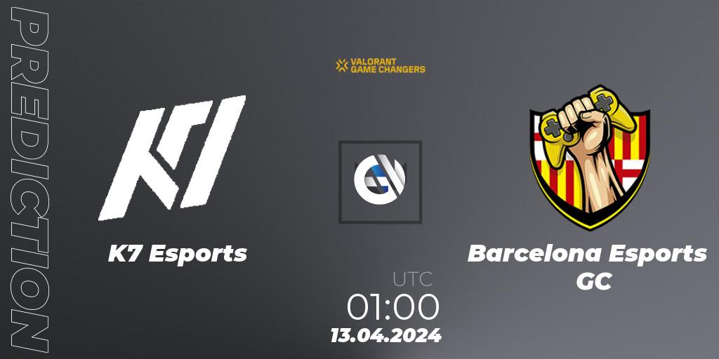 K7 Esports vs Barcelona Esports GC: Match Prediction. 13.04.2024 at 01:00, VALORANT, VCT 2024: Game Changers LAN - Opening
