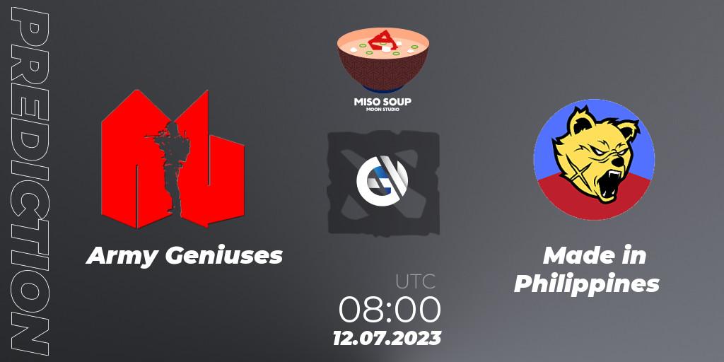Army Geniuses vs Made in Philippines: Match Prediction. 12.07.2023 at 08:03, Dota 2, Moon Studio Miso Soup