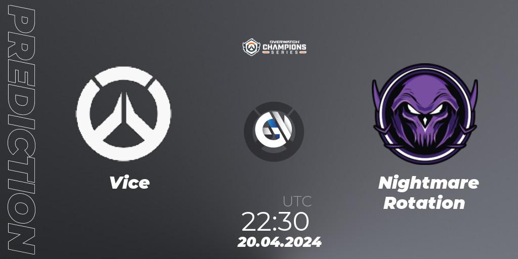 Vice vs Nightmare Rotation: Match Prediction. 20.04.2024 at 22:30, Overwatch, Overwatch Champions Series 2024 - North America Stage 2 Group Stage