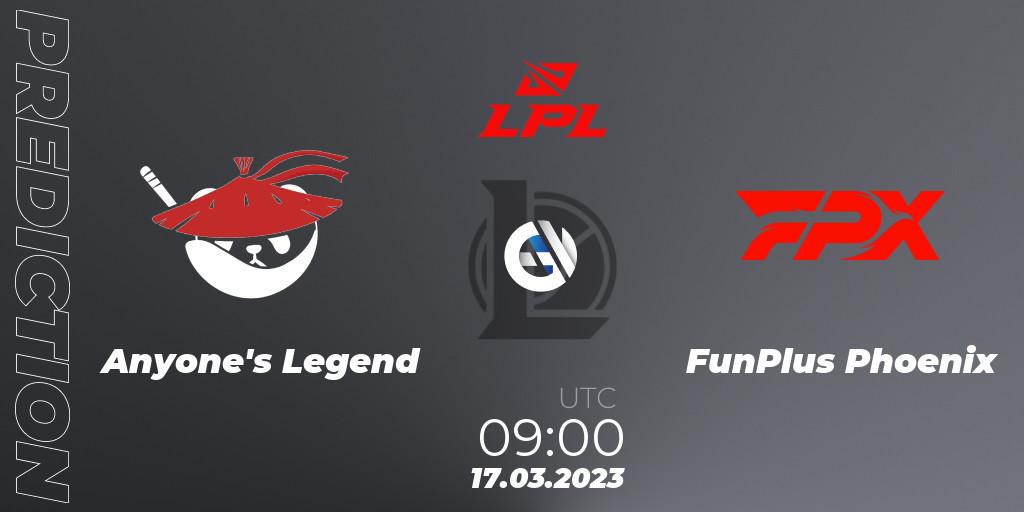 Anyone's Legend vs FunPlus Phoenix: Match Prediction. 17.03.23, LoL, LPL Spring 2023 - Group Stage