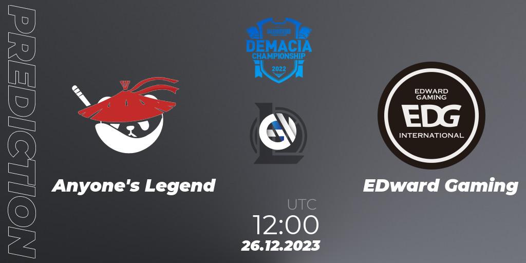 Anyone's Legend vs EDward Gaming: Match Prediction. 26.12.23, LoL, Demacia Cup 2023 Group Stage