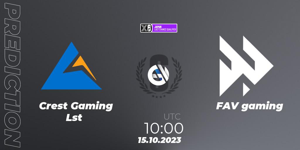 Crest Gaming Lst vs FAV gaming: Match Prediction. 15.10.2023 at 10:00, Rainbow Six, Japan League 2023 - Stage 2 - Last Chance Qualifiers