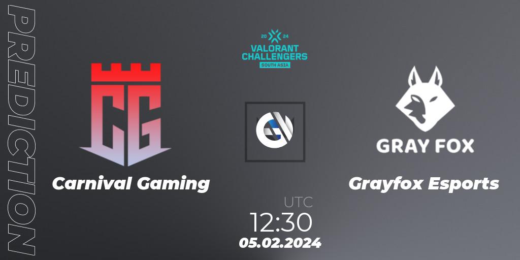 Carnival Gaming vs Grayfox Esports: Match Prediction. 05.02.2024 at 12:30, VALORANT, VALORANT Challengers 2024: South Asia Split 1 - Cup 1