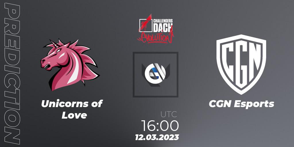 Unicorns of Love vs CGN Esports: Match Prediction. 12.03.2023 at 16:00, VALORANT, VALORANT Challengers 2023 DACH: Evolution Split 1