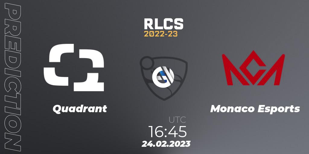 Quadrant vs Monaco Esports: Match Prediction. 24.02.2023 at 16:45, Rocket League, RLCS 2022-23 - Winter: Europe Regional 3 - Winter Invitational