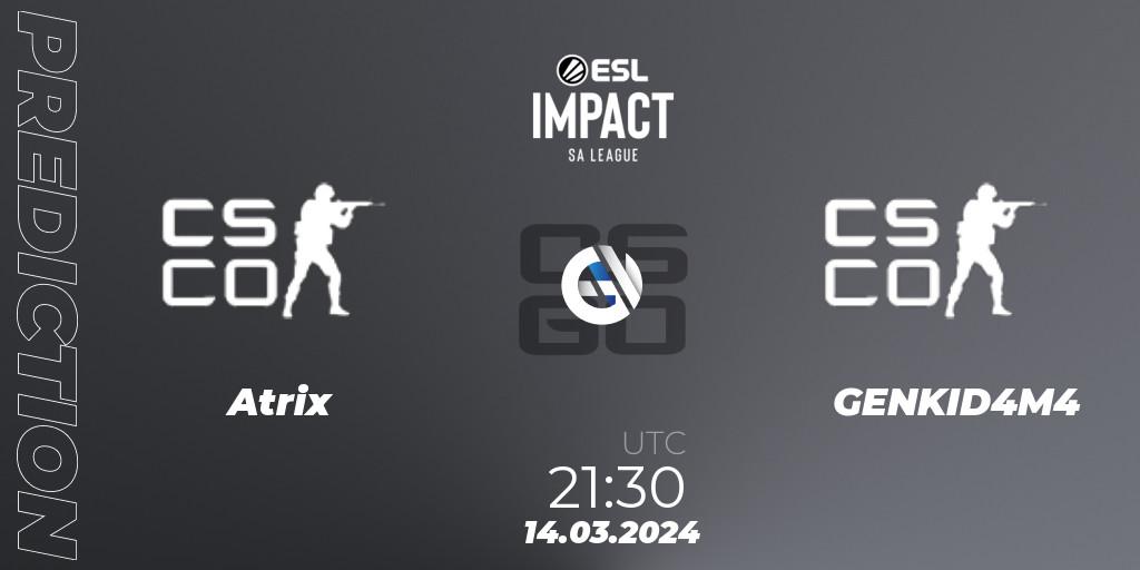 Atrix Esports vs GENKID4M4: Match Prediction. 14.03.2024 at 21:30, Counter-Strike (CS2), ESL Impact League Season 5: South America