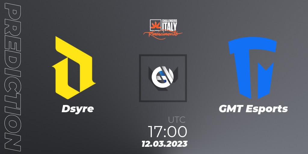 Dsyre vs GMT Esports: Match Prediction. 12.03.2023 at 17:00, VALORANT, VALORANT Challengers 2023 Italy: Rinascimento Split 1
