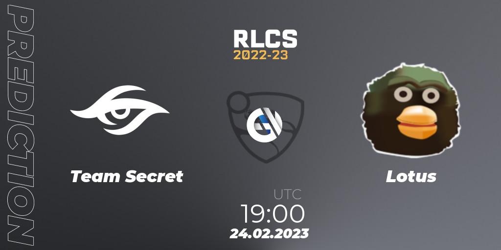 Team Secret vs Lotus: Match Prediction. 24.02.2023 at 19:00, Rocket League, RLCS 2022-23 - Winter: South America Regional 3 - Winter Invitational