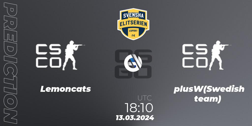 Lemoncats vs plusW(Swedish team): Match Prediction. 13.03.2024 at 18:10, Counter-Strike (CS2), Svenska Elitserien Spring 2024