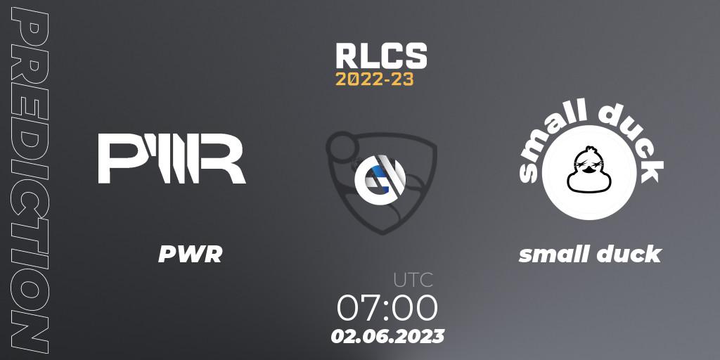 PWR vs small duck: Match Prediction. 02.06.2023 at 07:00, Rocket League, RLCS 2022-23 - Spring: Oceania Regional 3 - Spring Invitational