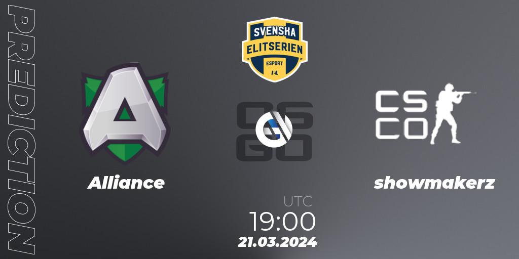 Alliance vs showmakerz: Match Prediction. 21.03.2024 at 19:10, Counter-Strike (CS2), Svenska Elitserien Spring 2024