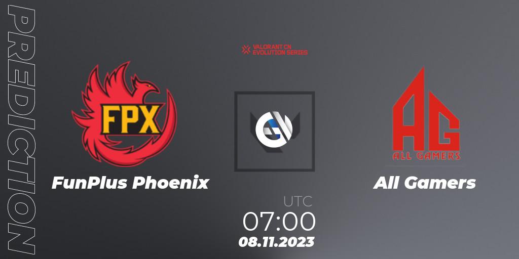 FunPlus Phoenix vs All Gamers: Match Prediction. 08.11.2023 at 07:00, VALORANT, VALORANT China Evolution Series Act 3: Heritability - Play-In