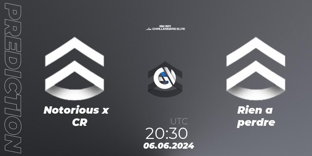 Notorious x CR vs Rien a perdre: Match Prediction. 06.06.2024 at 19:30, Call of Duty, Call of Duty Challengers 2024 - Elite 3: EU
