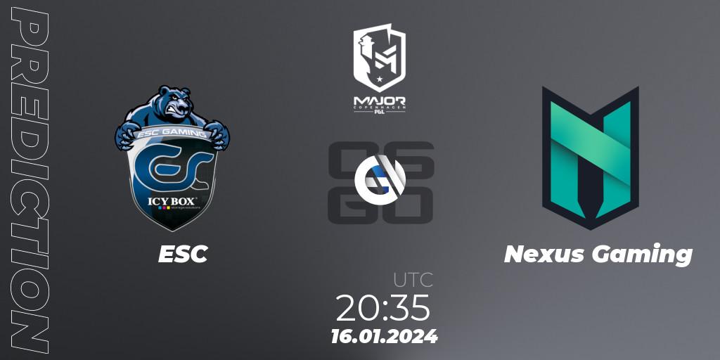 ESC vs Nexus Gaming: Match Prediction. 16.01.2024 at 20:40, Counter-Strike (CS2), PGL CS2 Major Copenhagen 2024 Europe RMR Open Qualifier 4