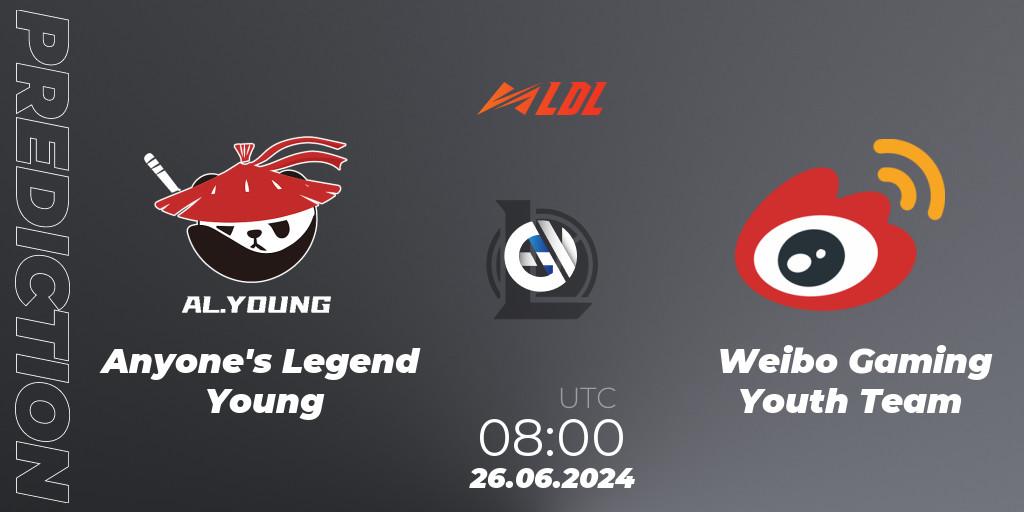 Anyone's Legend Young vs Weibo Gaming Youth Team: Match Prediction. 26.06.2024 at 08:00, LoL, LDL 2024 - Stage 3