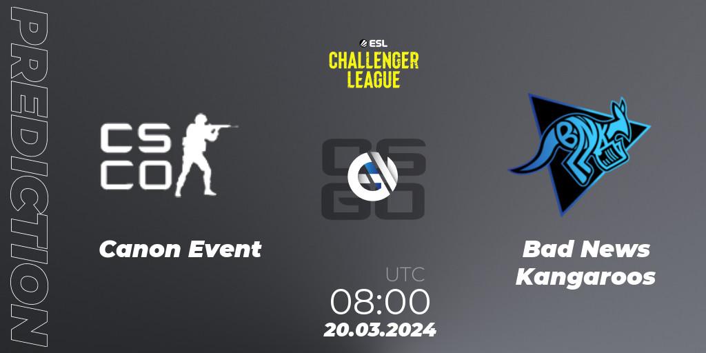Canon Event vs Bad News Kangaroos: Match Prediction. 20.03.2024 at 07:50, Counter-Strike (CS2), ESL Challenger League Season 47: Oceania