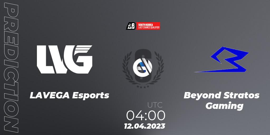 LAVEGA Esports vs Beyond Stratos Gaming: Match Prediction. 12.04.2023 at 04:00, Rainbow Six, South Korea League 2023 - Stage 1 - Last Chance Qualifiers