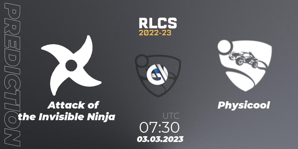 Attack of the Invisible Ninja vs Physicool: Match Prediction. 03.03.2023 at 07:30, Rocket League, RLCS 2022-23 - Winter: Oceania Regional 3 - Winter Invitational