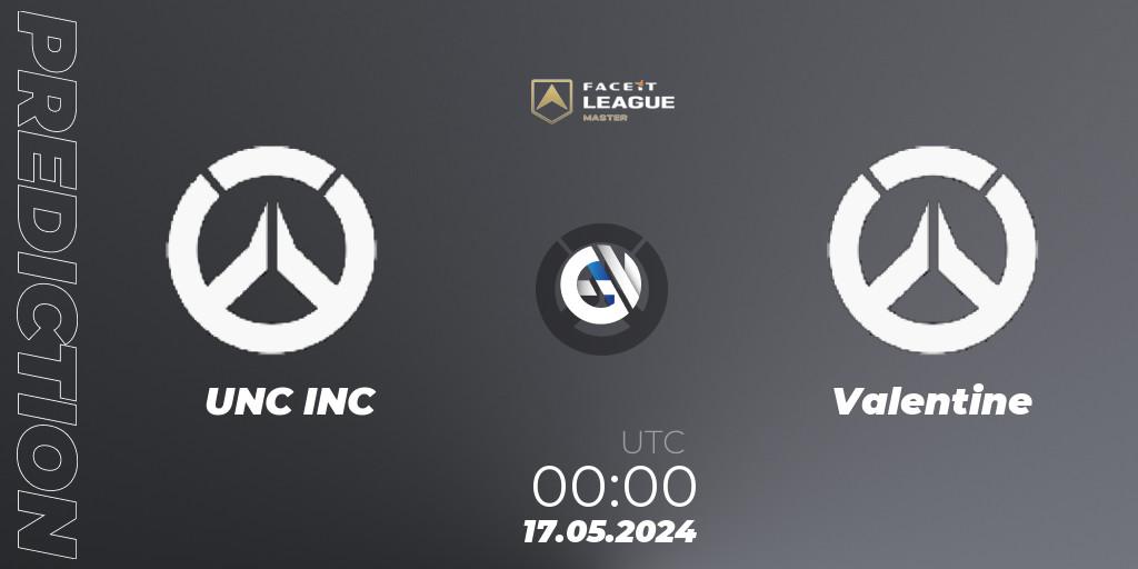 UNC INC vs Valentine: Match Prediction. 17.05.2024 at 00:00, Overwatch, FACEIT League Season 1 - NA Master Road to EWC