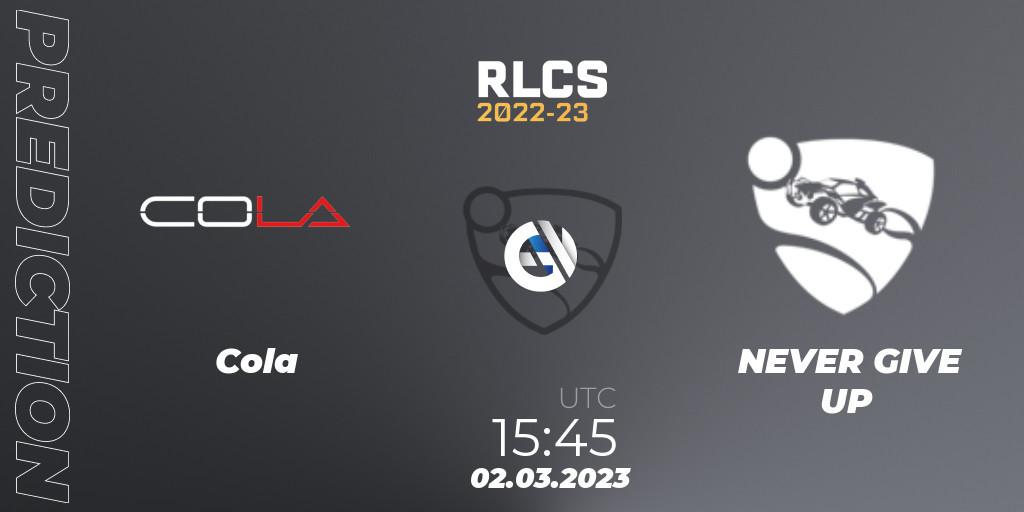 Cola vs NEVER GIVE UP: Match Prediction. 02.03.2023 at 15:45, Rocket League, RLCS 2022-23 - Winter: Middle East and North Africa Regional 3 - Winter Invitational