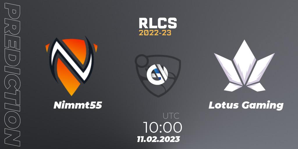 Nimmt55 vs Lotus Gaming: Match Prediction. 11.02.2023 at 10:00, Rocket League, RLCS 2022-23 - Winter: Asia-Pacific Regional 2 - Winter Cup
