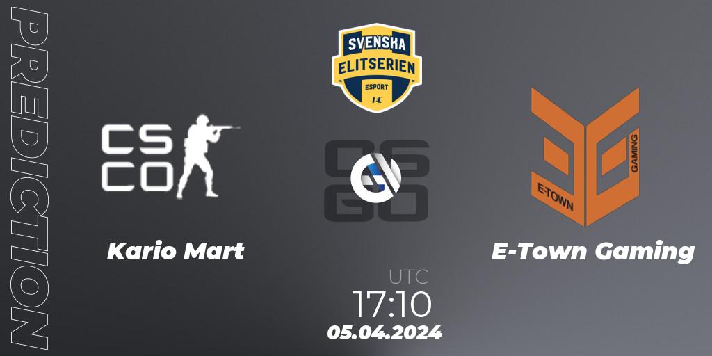 Kario Mart vs E-Town Gaming: Match Prediction. 05.04.2024 at 17:10, Counter-Strike (CS2), Svenska Elitserien Spring 2024