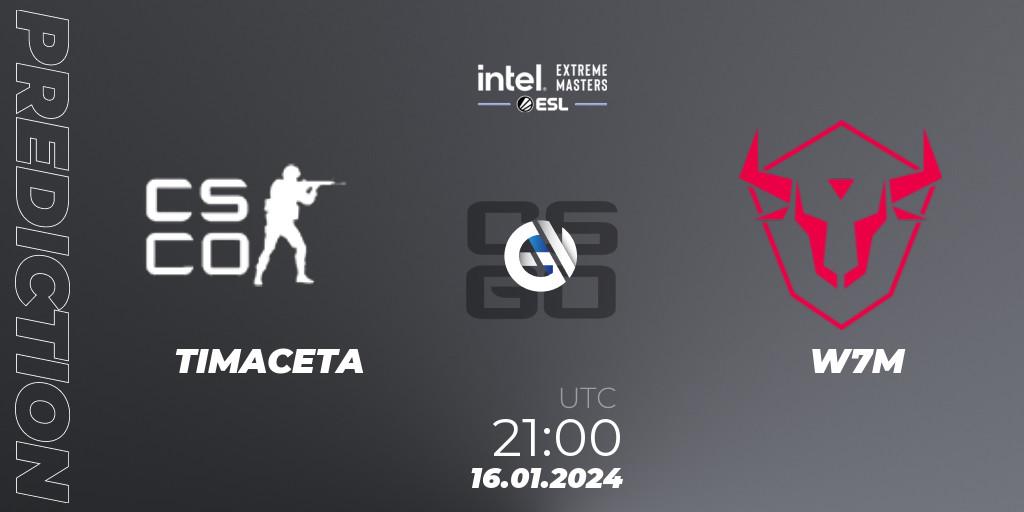 TIMACETA vs W7M: Match Prediction. 16.01.2024 at 21:10, Counter-Strike (CS2), Intel Extreme Masters China 2024: South American Open Qualifier #2