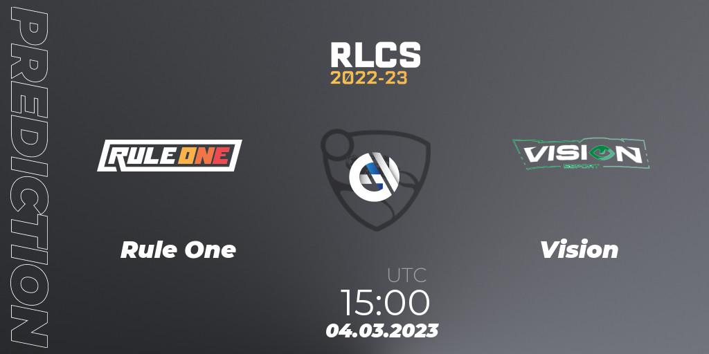 Rule One vs Vision: Match Prediction. 04.03.2023 at 15:00, Rocket League, RLCS 2022-23 - Winter: Middle East and North Africa Regional 3 - Winter Invitational
