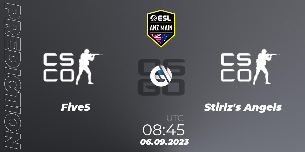 Five5 vs Stirlzs Angels: Match Prediction. 06.09.2023 at 08:45, Counter-Strike (CS2), ESL ANZ Main Season 17