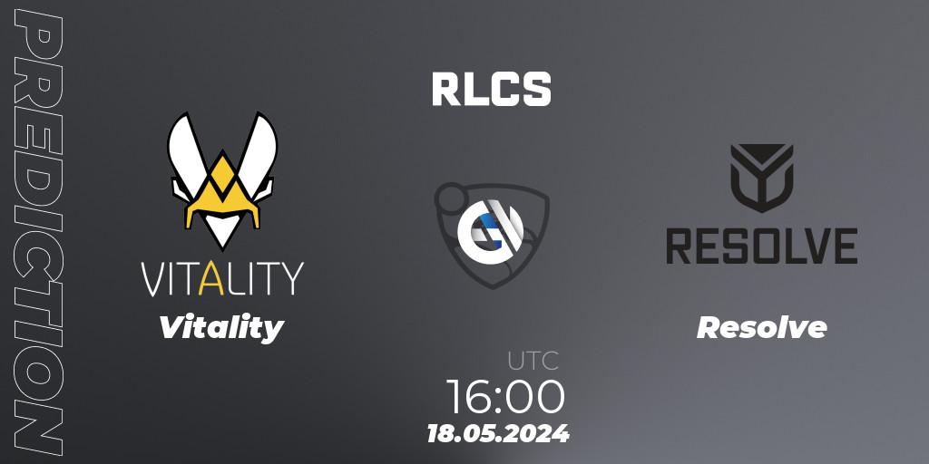 Vitality vs Resolve: Match Prediction. 18.05.2024 at 15:45, Rocket League, RLCS 2024 - Major 2: EU Open Qualifier 5