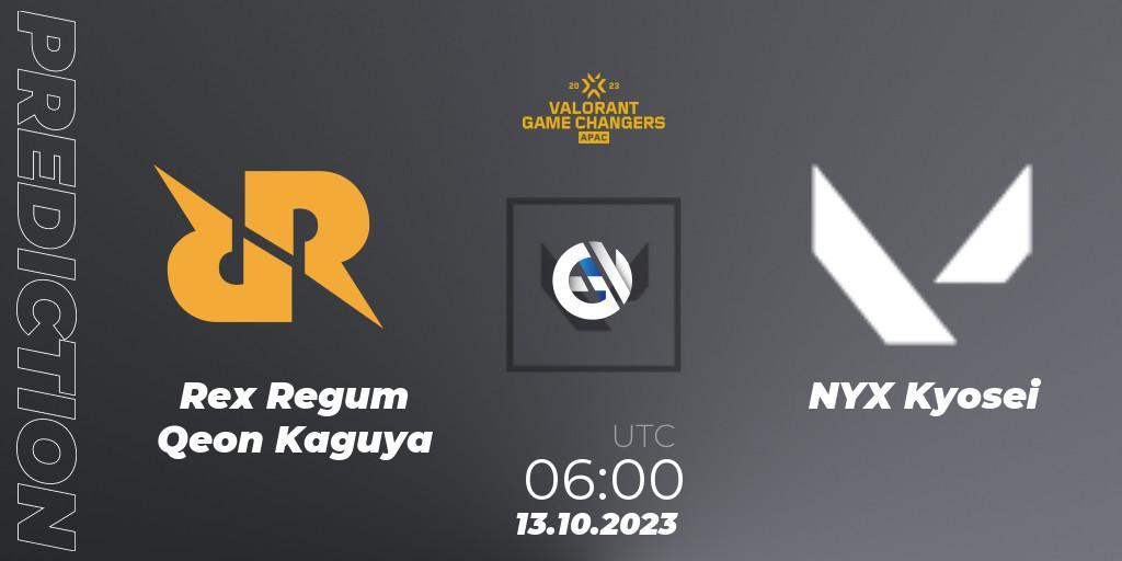 Rex Regum Qeon Kaguya vs NYX Kyosei: Match Prediction. 13.10.2023 at 12:00, VALORANT, VCT 2023: Game Changers APAC Elite