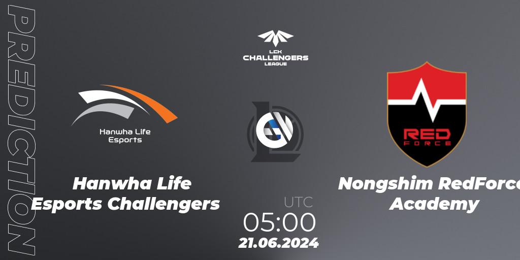 Hanwha Life Esports Challengers vs Nongshim RedForce Academy: Match Prediction. 21.06.2024 at 05:00, LoL, LCK Challengers League 2024 Summer - Group Stage