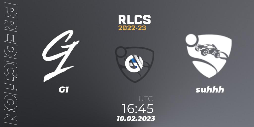 G1 vs suhhh: Match Prediction. 10.02.2023 at 16:45, Rocket League, RLCS 2022-23 - Winter: Europe Regional 2 - Winter Cup