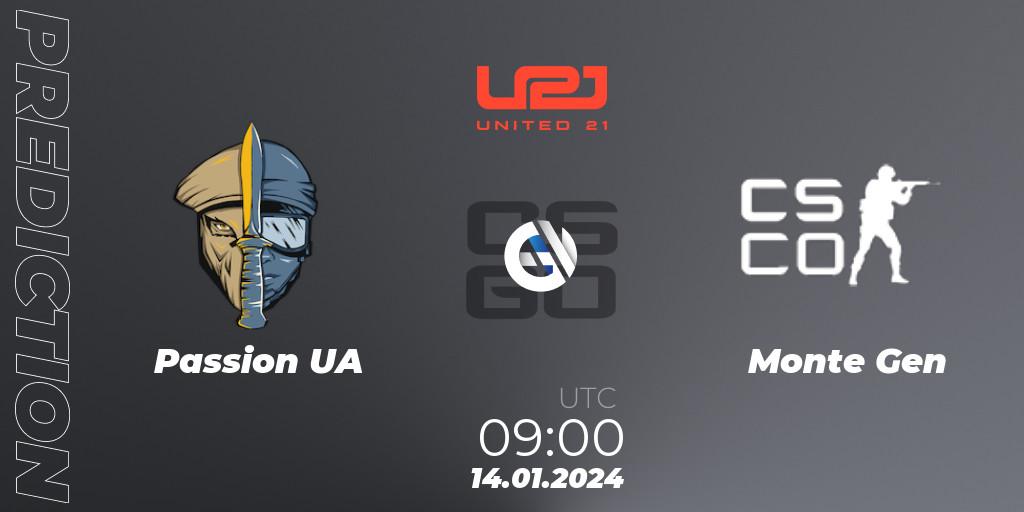 Passion UA vs Monte Gen: Match Prediction. 14.01.2024 at 10:00, Counter-Strike (CS2), United21 Season 10