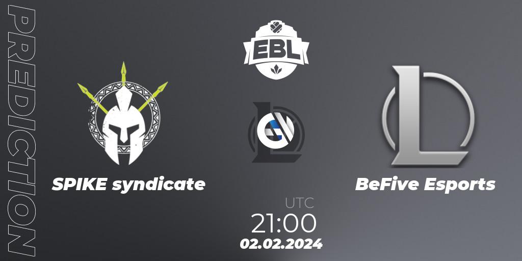 SPIKE syndicate vs BeFive Esports: Match Prediction. 02.02.2024 at 21:00, LoL, Esports Balkan League Season 14