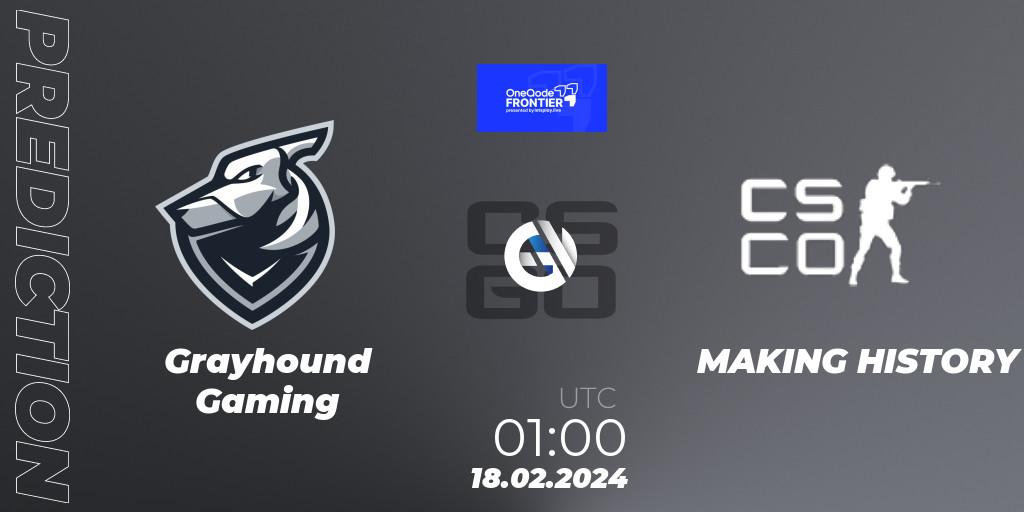 Grayhound Gaming vs MAKING HISTORY: Match Prediction. 18.02.2024 at 01:00, Counter-Strike (CS2), OneQode Frontier