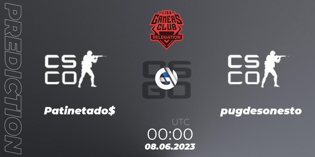 Patinetado$ vs pugdesonesto: Match Prediction. 08.06.23, CS2 (CS:GO), Gamers Club Liga Série A Relegation: June 2023