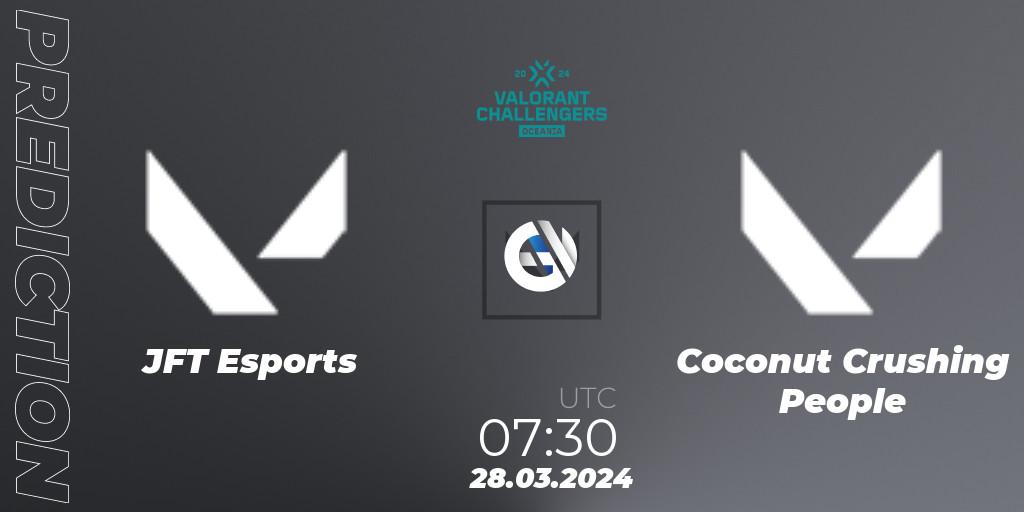 JFT Esports vs Coconut Crushing People: Match Prediction. 28.03.2024 at 07:30, VALORANT, VALORANT Challengers 2024 Oceania: Split 1
