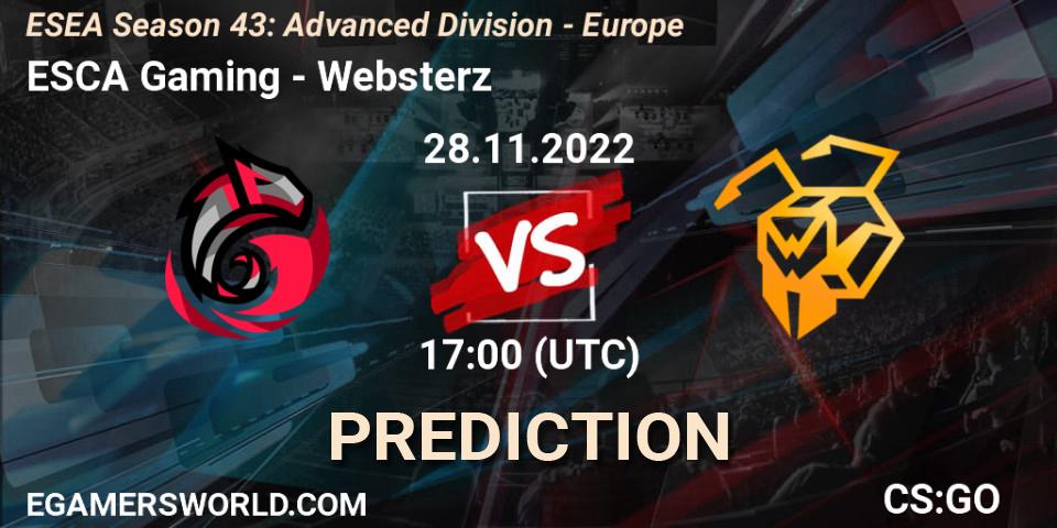 ESCA Gaming vs Websterz: Match Prediction. 28.11.22, CS2 (CS:GO), ESEA Season 43: Advanced Division - Europe