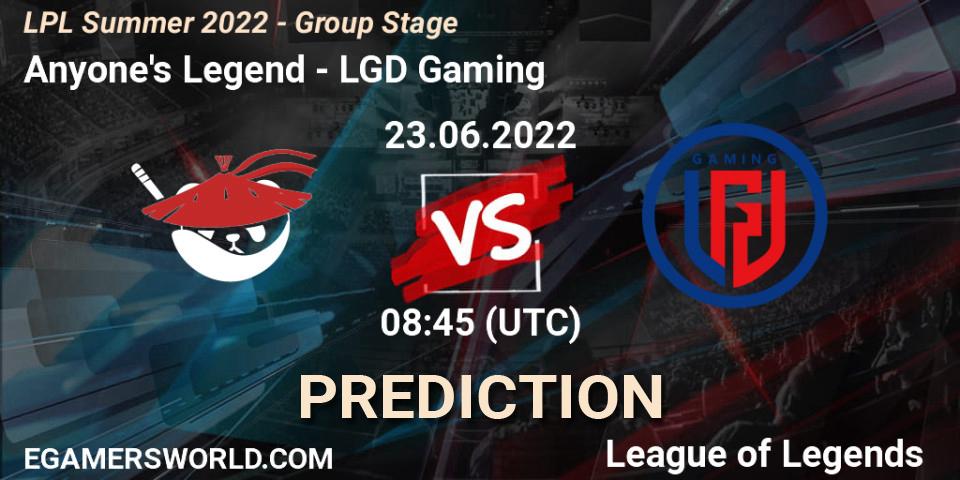 Anyone's Legend vs LGD Gaming: Match Prediction. 23.06.22, LoL, LPL Summer 2022 - Group Stage