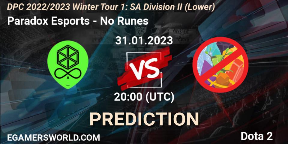 Paradox Esports vs No Runes: Match Prediction. 31.01.23, Dota 2, DPC 2022/2023 Winter Tour 1: SA Division II (Lower)